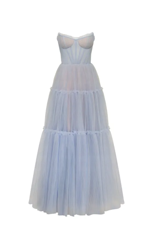 Cloudy blue tulle maxi dress with ruffled skirt, Garden of Eden sold by Milla