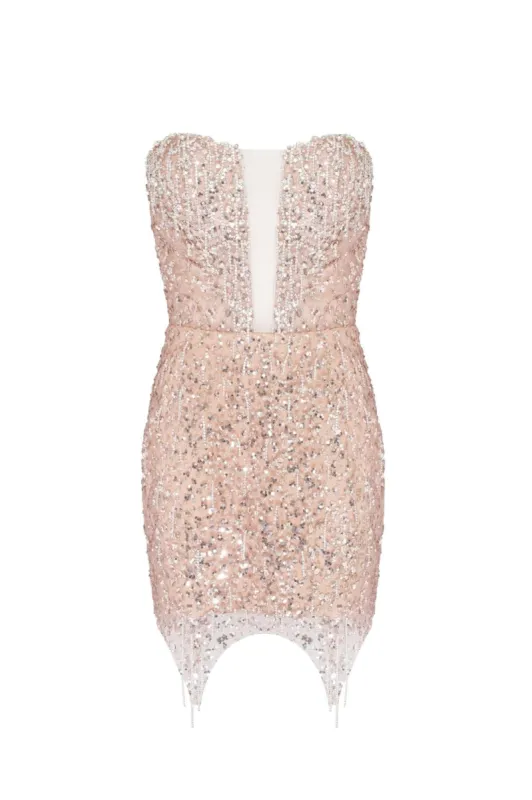 Radiant mini dress in gold with a plunging neckline sold by Milla