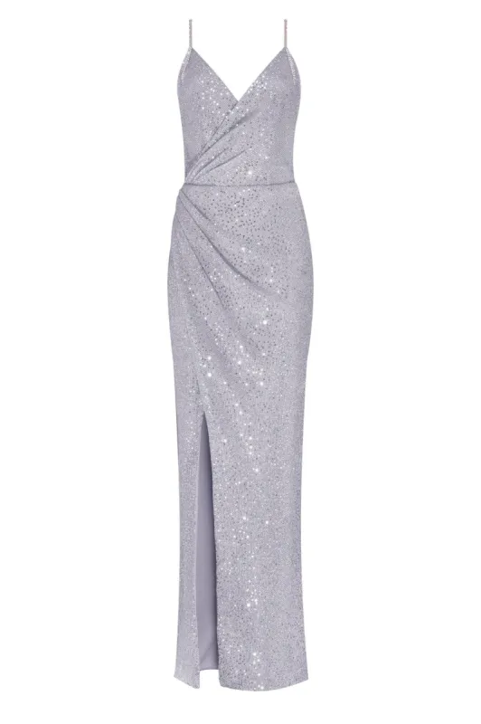 Spaghetti straps silver sparkling wrapped maxi dress sold by Milla