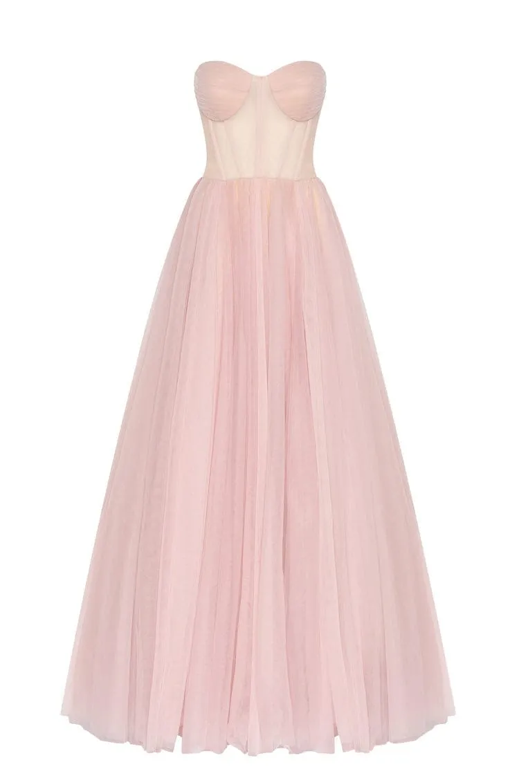 Misty Rose Tulle Maxi Dress with a Corset Bustier sold by Milla