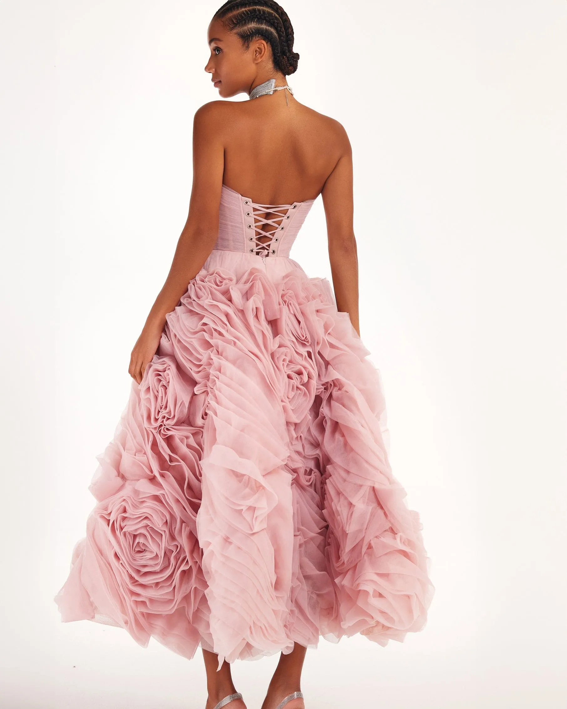 Dramatically flowered tulle dress in misty pink sold by Milla product image thumbnail 4