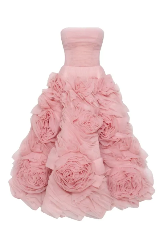 Dramatically flowered tulle dress in misty pink sold by Milla