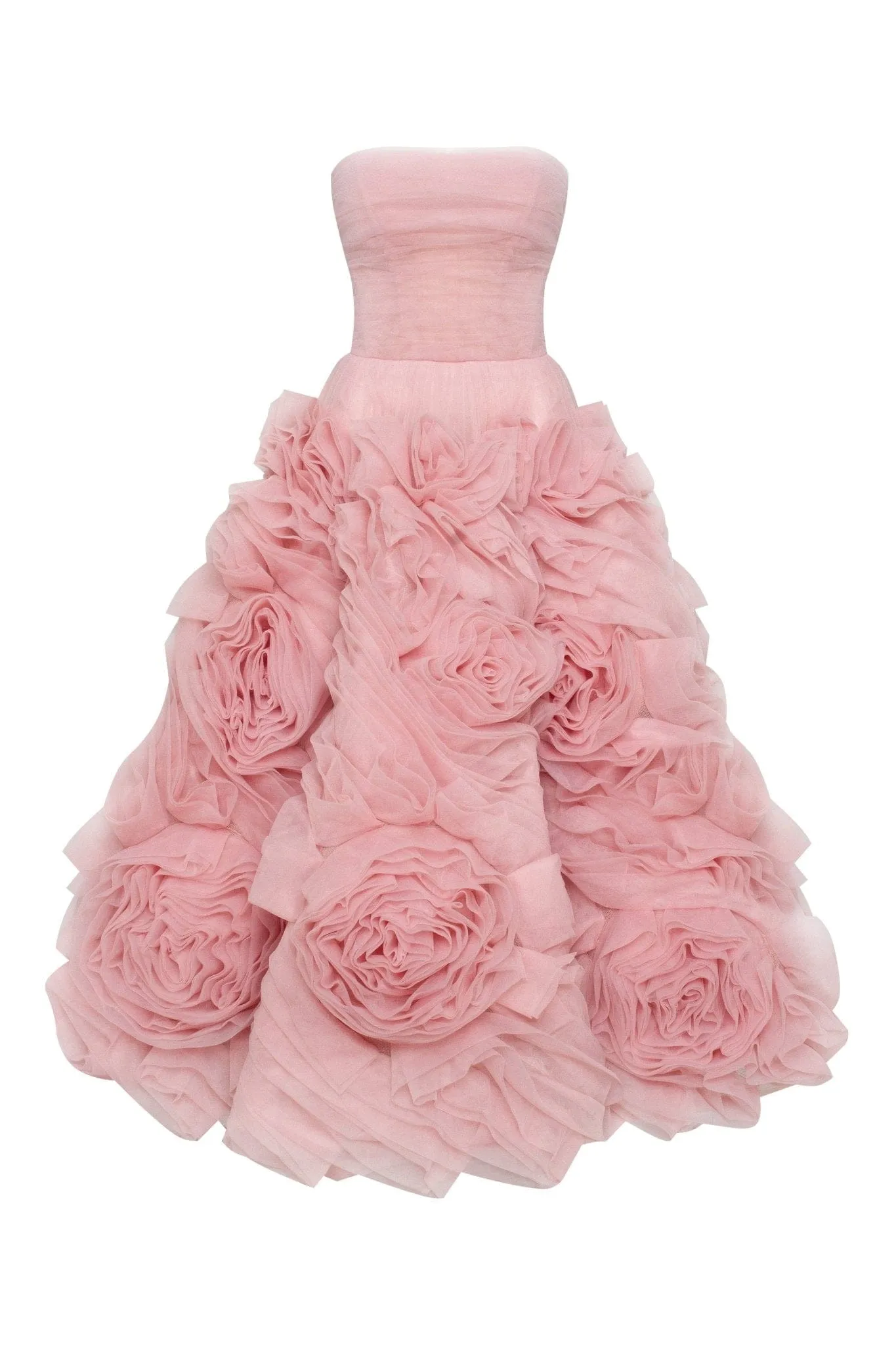 Dramatically flowered tulle dress in misty pink sold by Milla