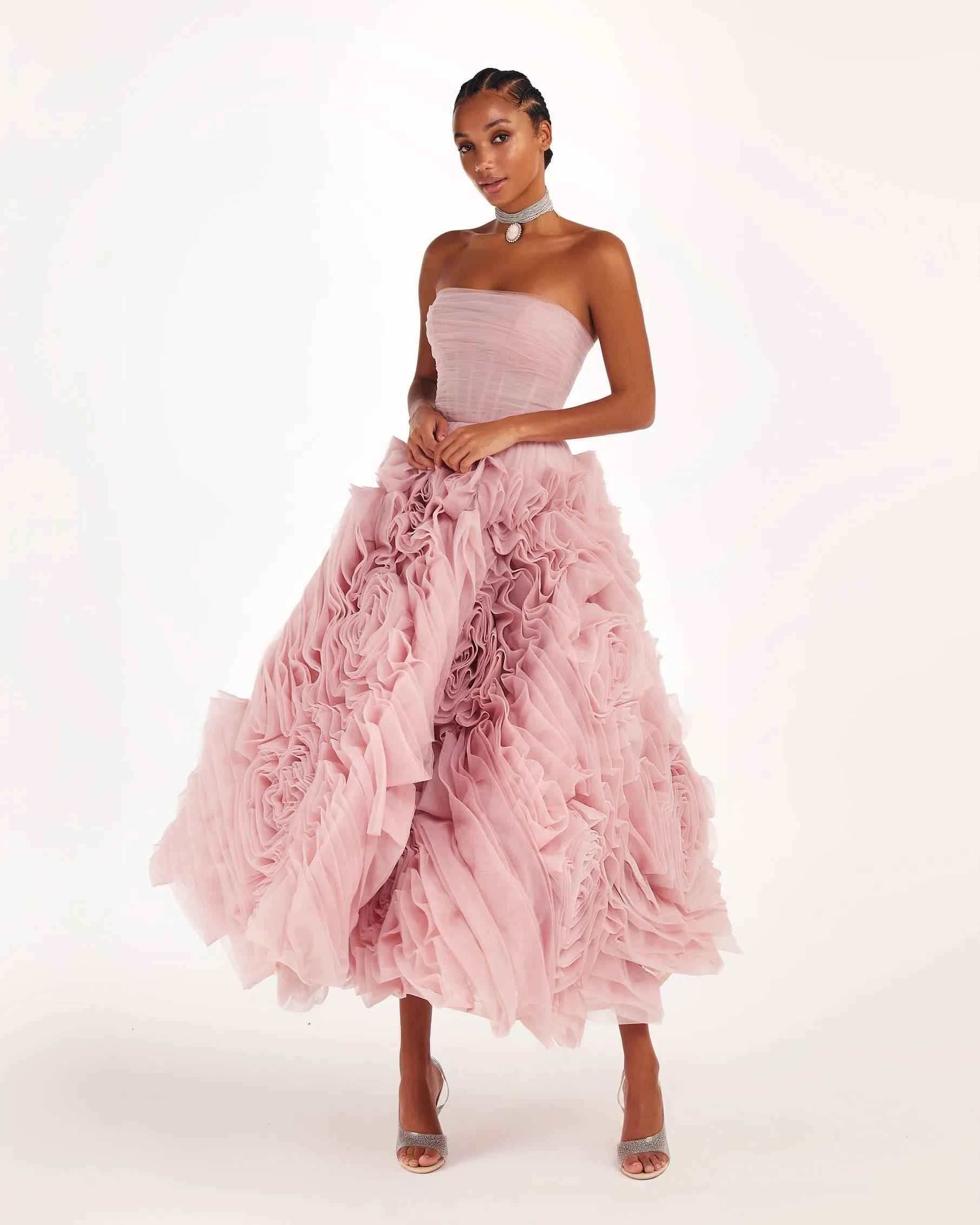 Dramatically flowered tulle dress in misty pink sold by Milla product image thumbnail 2