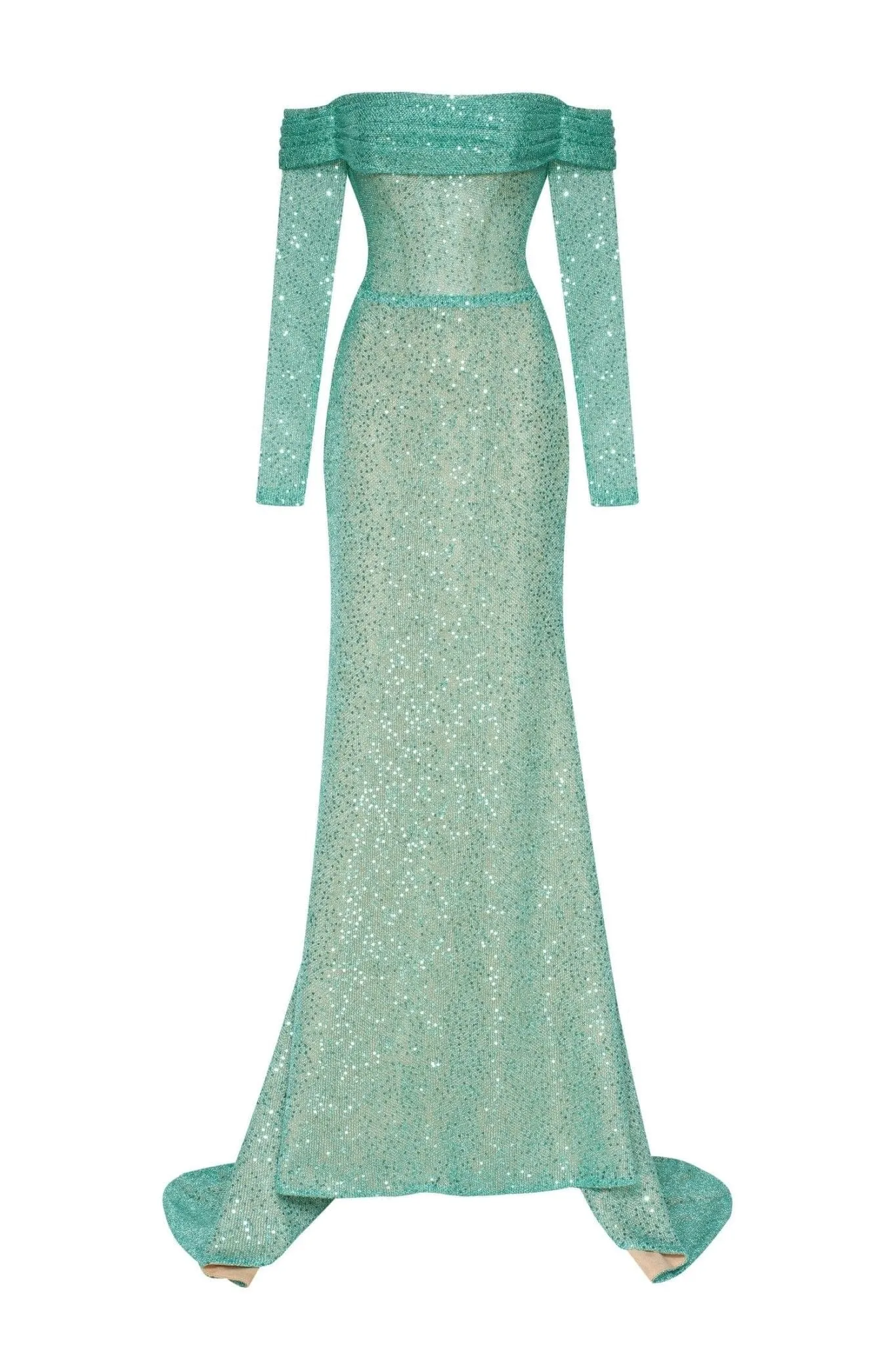 Mint Green Romantic off-the-shoulder sparkling long dress sold by Milla