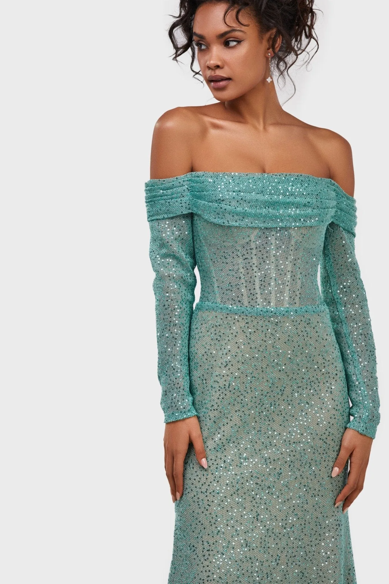 Mint Green Romantic off-the-shoulder sparkling long dress sold by Milla product image thumbnail 2