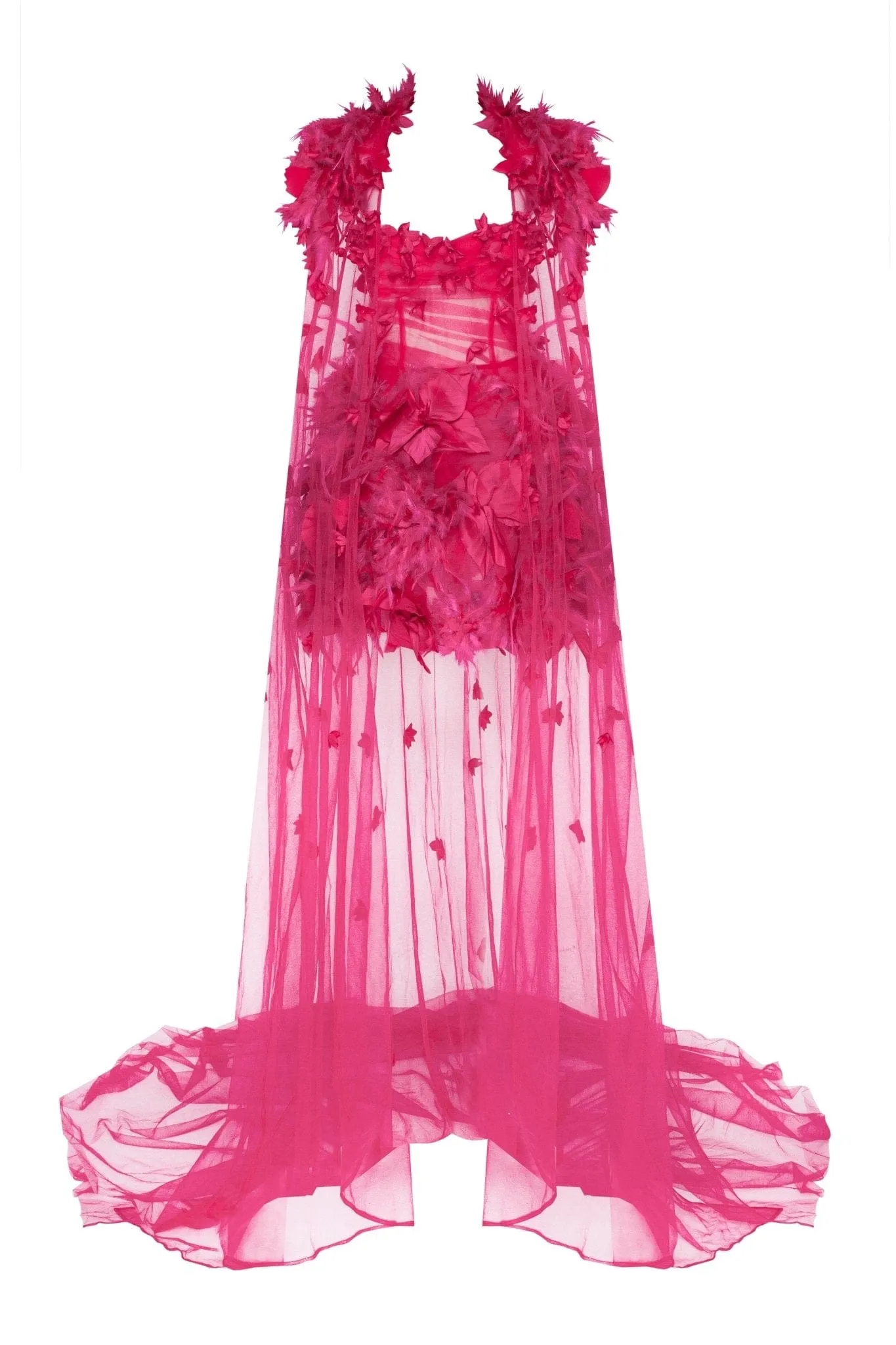 Epic fuchsia tulle mini dress with floral and feather application sold by Milla product image thumbnail 5