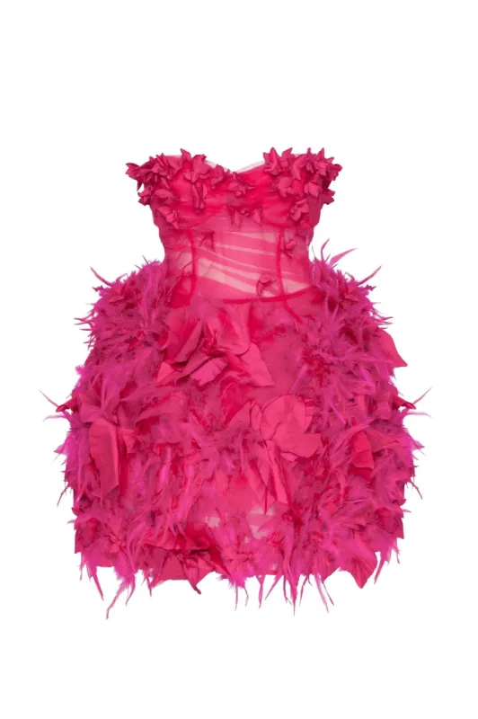 Epic fuchsia tulle mini dress with floral and feather application made by Milla