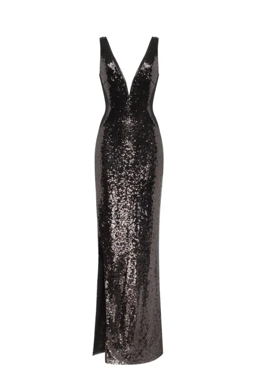 Dazzling fully sequined black maxi dress, Smoky Quartz sold by Milla