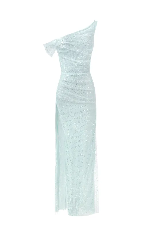 Striking sequined maxi dress in mint green sold by Milla