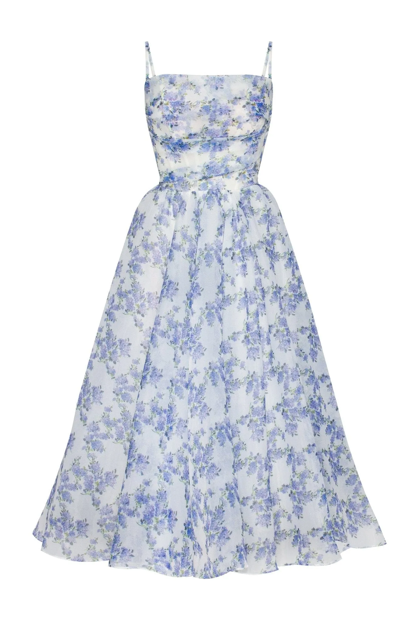 Blue Hydrangea spaghetti strap midi dress sold by Milla