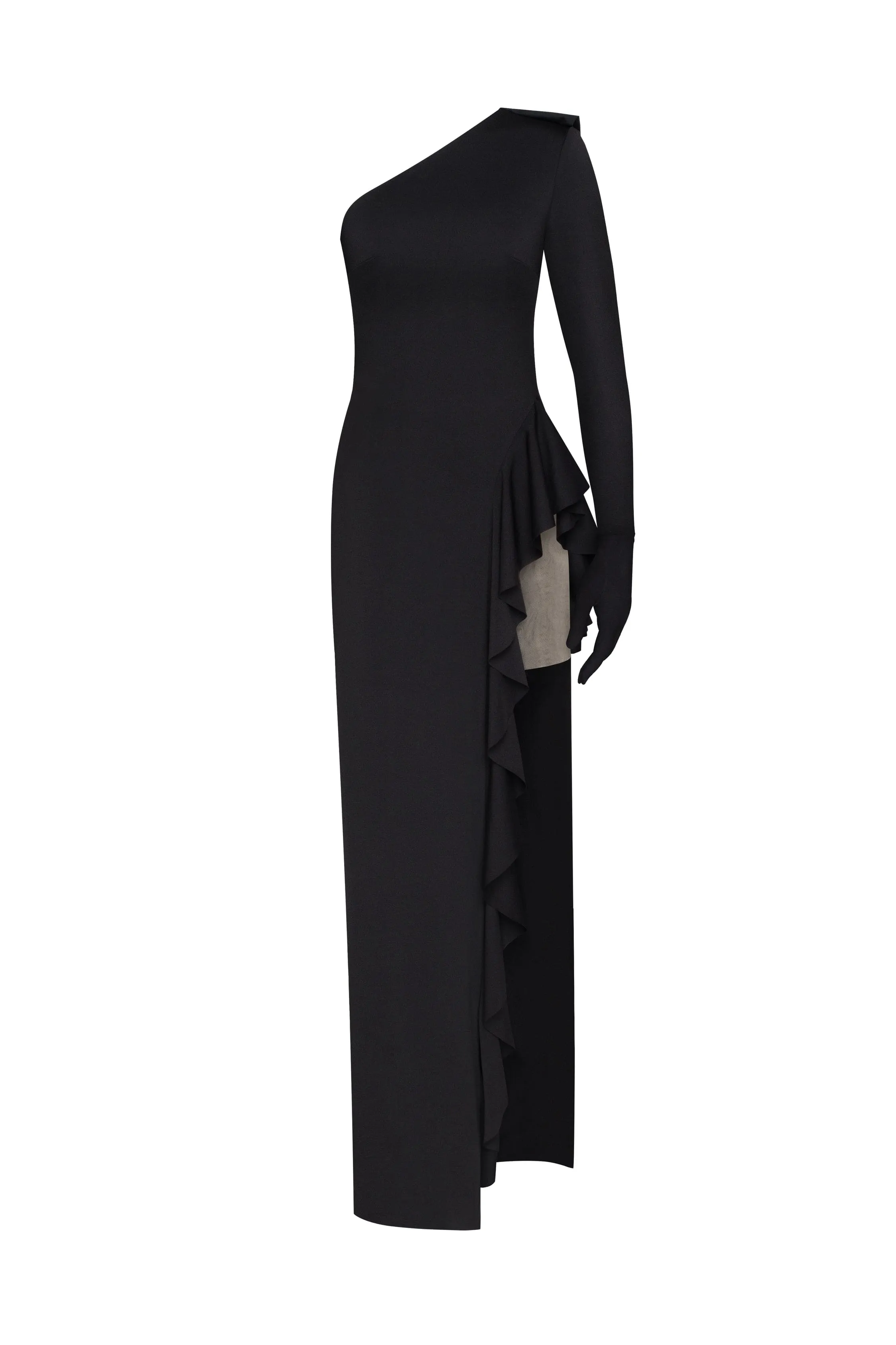 One-shoulder ruffle-trimmed maxi dress in black, Xo Xo sold by Milla