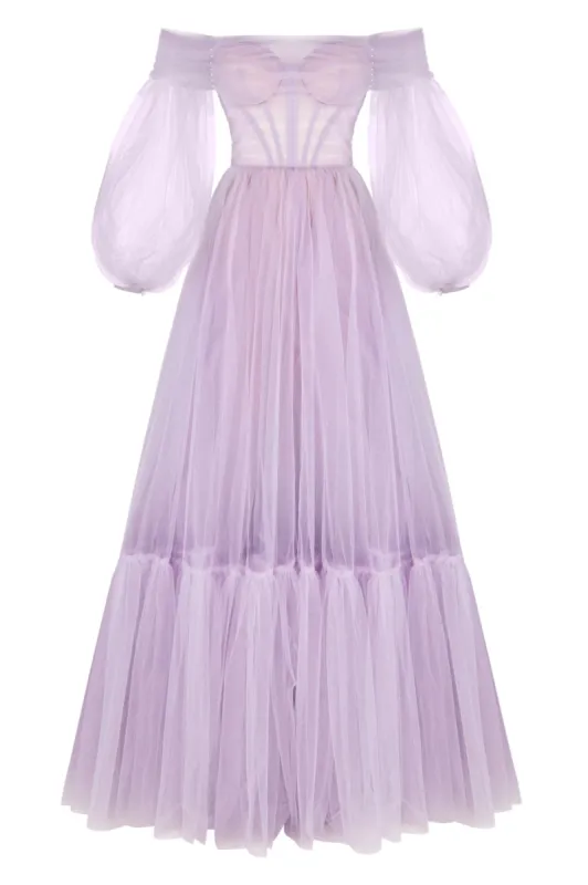 Lavender Sheer Sleeves Maxi Tulle Dress sold by Milla