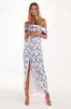 Blue Hydrangea off-shoulder satin dress sold by Milla