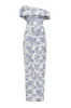 Blue Hydrangea off-shoulder satin dress sold by Milla