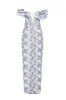 Blue Hydrangea off-shoulder satin dress sold by Milla