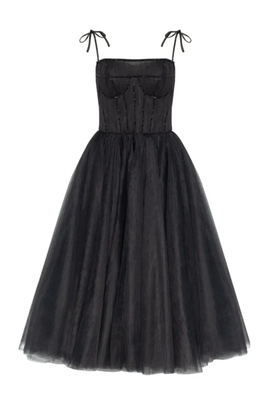 Black Tie-strap cocktail dress with the elegant corset embroidery sold by Milla