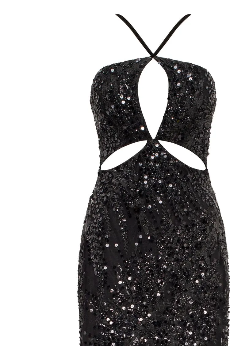 Cut-out halterneck black maxi covered in sequins, Smoky Quartz sold by Milla product image thumbnail 5