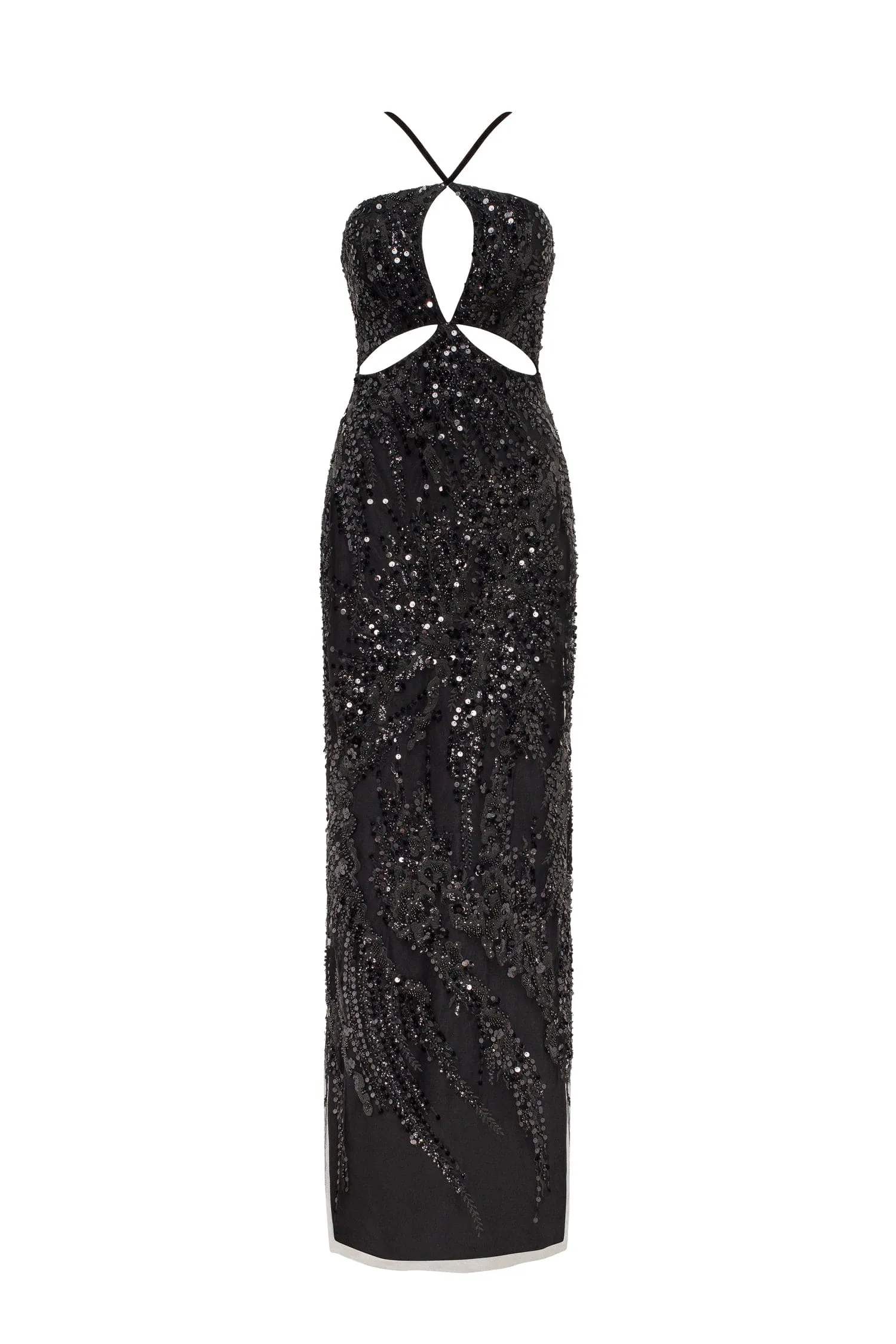 Cut-out halterneck black maxi covered in sequins, Smoky Quartz sold by Milla