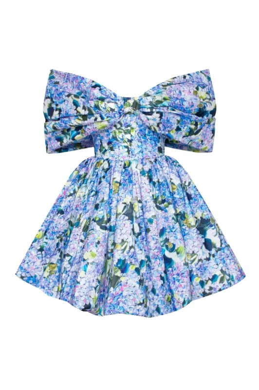 Blue Hydrangea bow-detailed mini dress sold by Milla