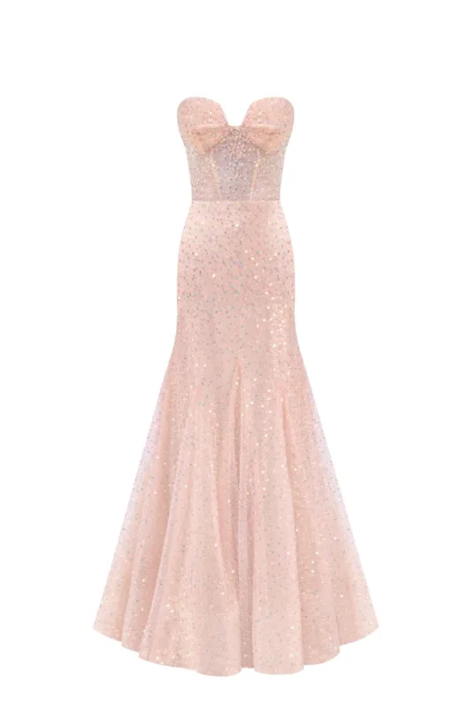 Entrance-worthy semi-transparent rose gold maxi sequined dress sold by Milla