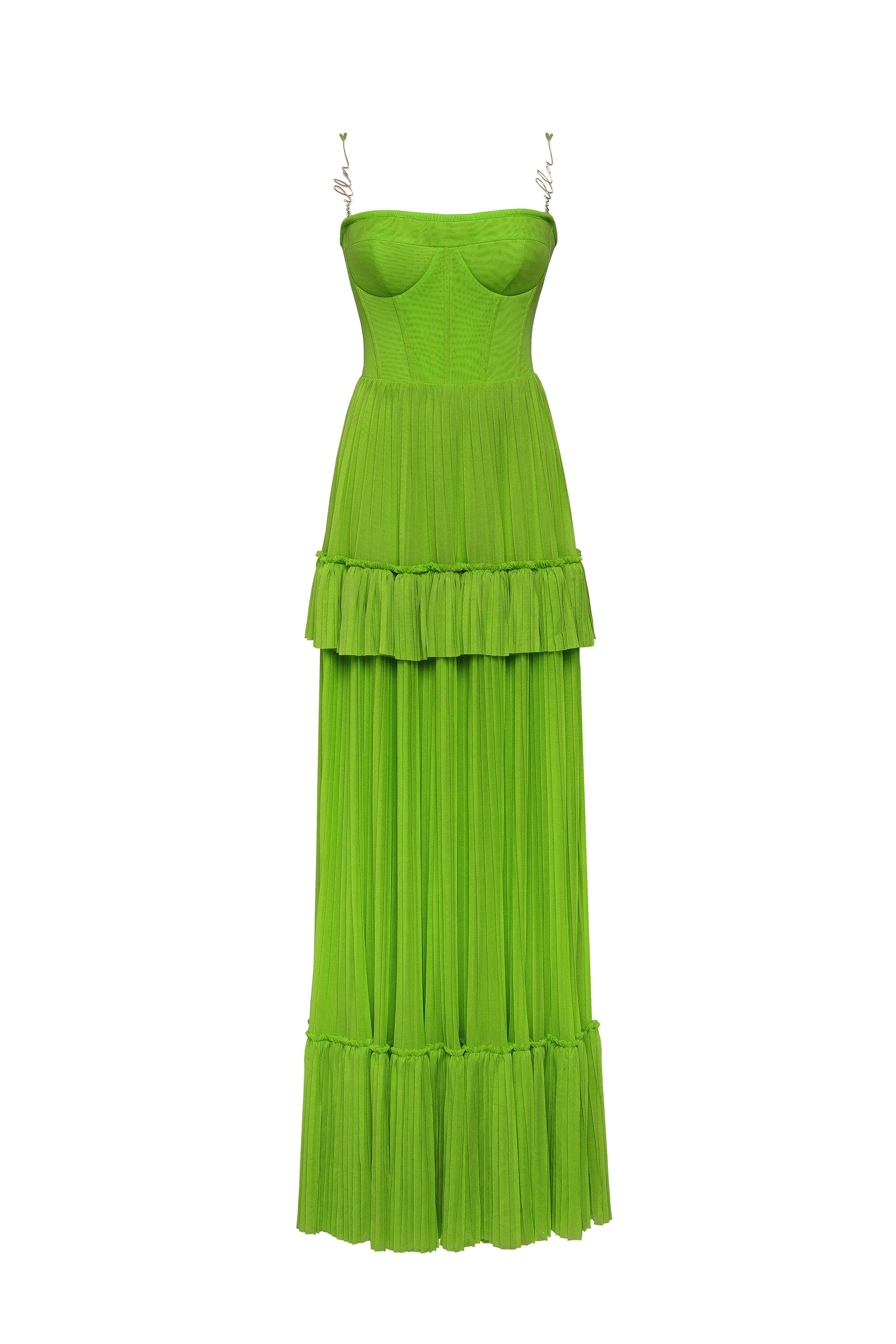 Green spaghetti strap pleated maxi dress, Garden of Eden sold by Milla