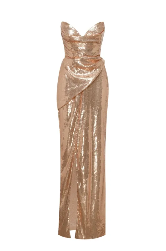 Spectacular gold sequined stretch-lace dress sold by Milla