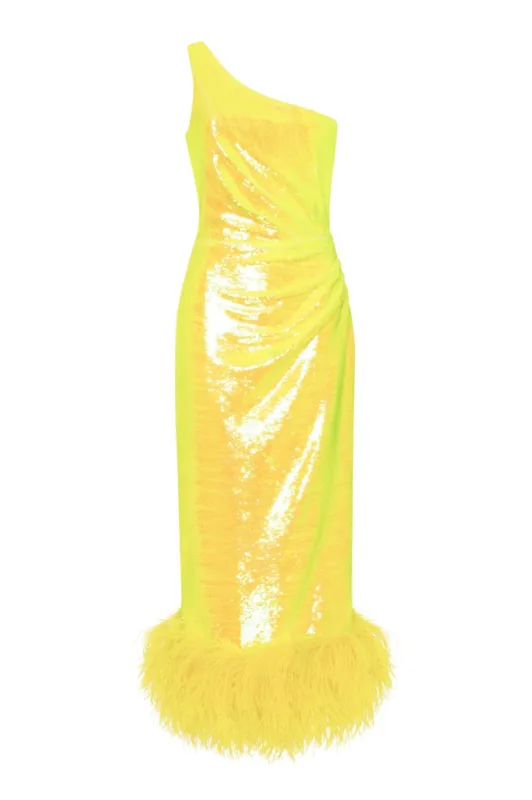 Vivid one-shoulder yellow sparkling wrapped midi dress sold by Milla