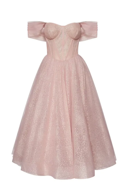 Misty Rose Sparkly cocktail midi tulle dress sold by Milla