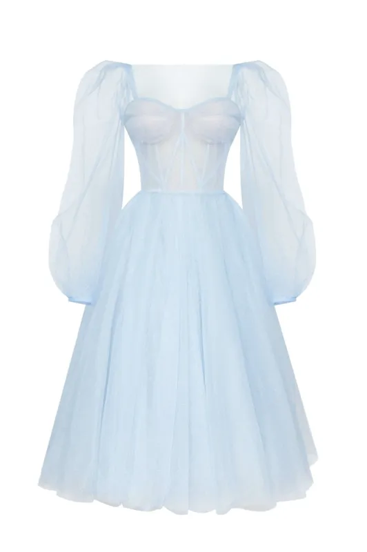 Light Blue Tie shoulder midi tulle dress sold by Milla