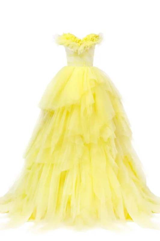 Fairytale frill-layered maxi dress in vivid yellow sold by Milla