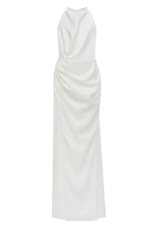 White Mock neck sleeveless low slit dress sold by Milla