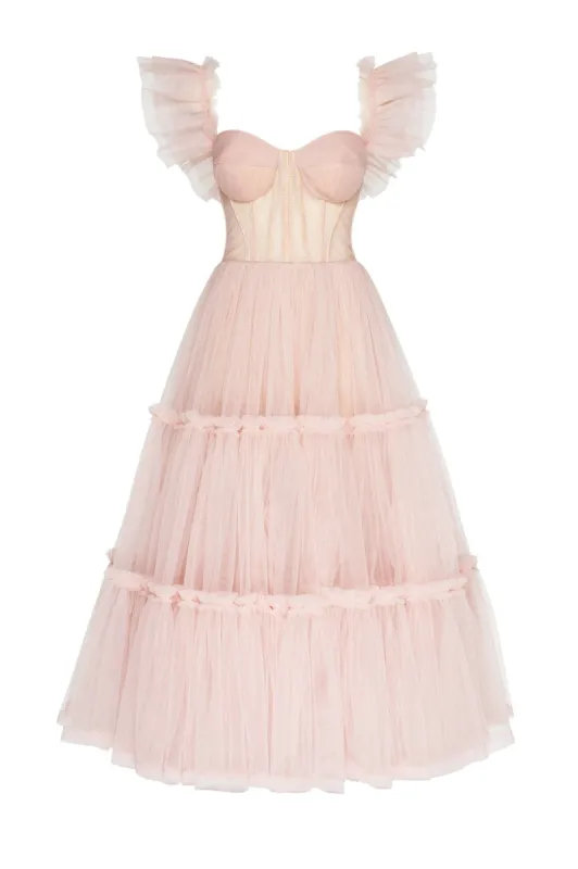 Misty Rose Ruffled Tulle Midi Dress sold by Milla