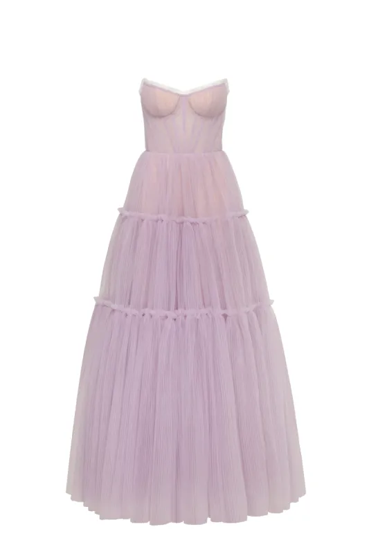 Lavender tulle maxi dress with ruffled skirt, Garden of Eden sold by Milla