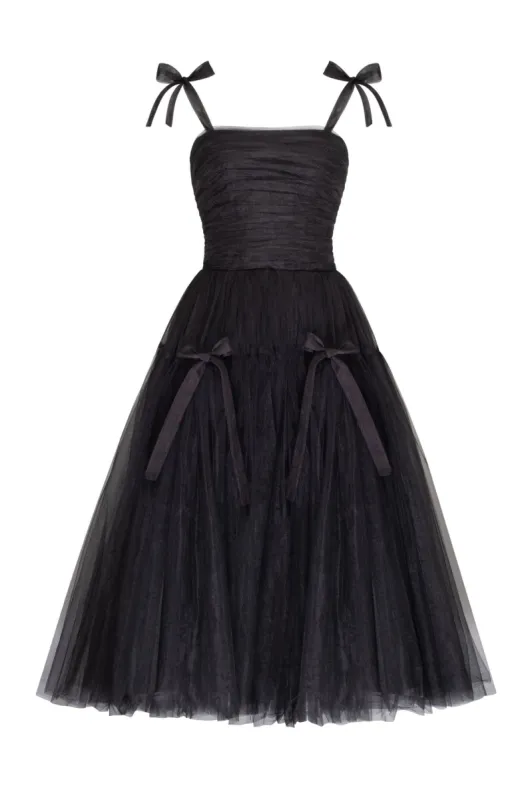 Adorable midi tie-strap black tulle dress sold by Milla
