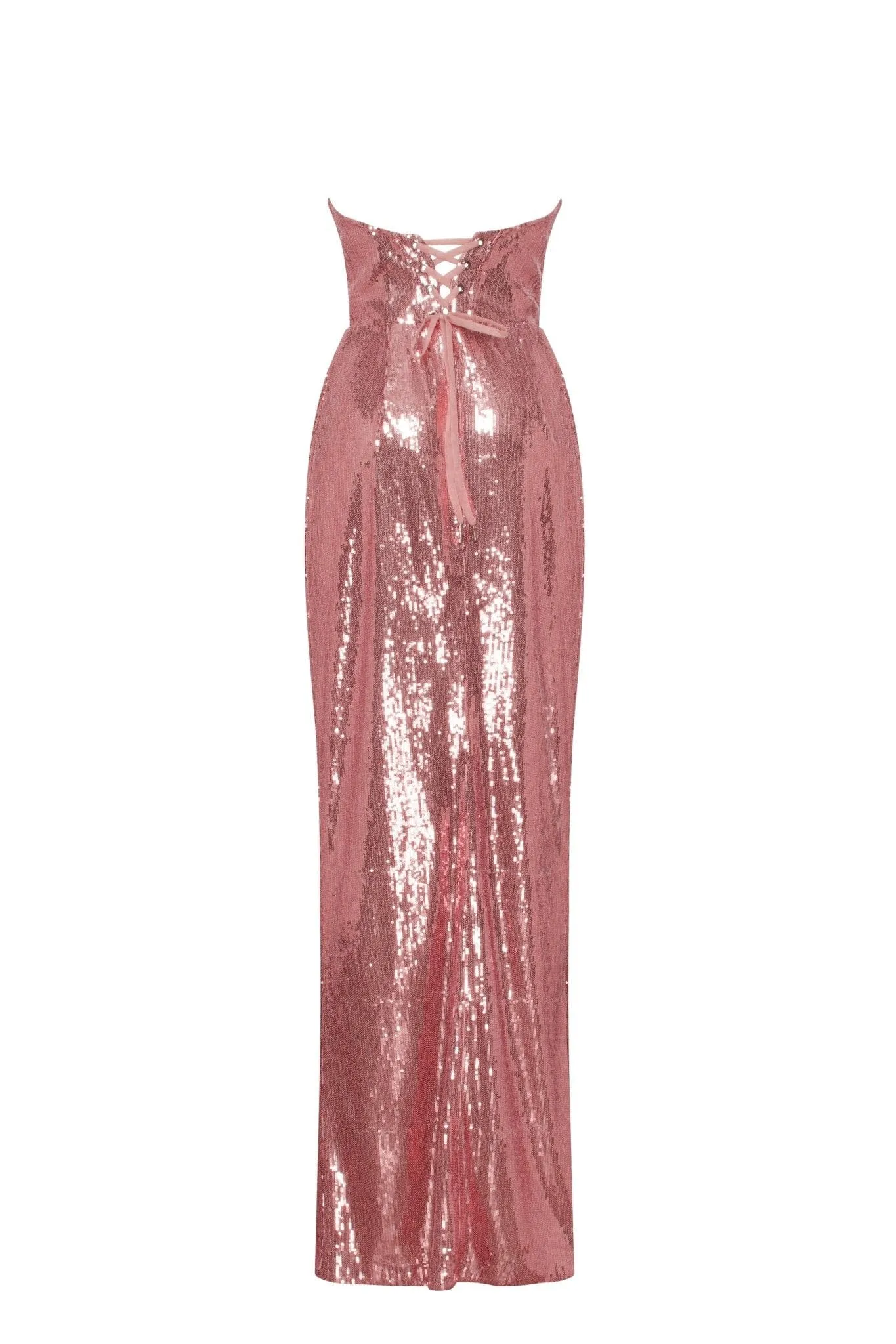 Sequined strapless evening gown in rose color with a thigh slit sold by Milla product image thumbnail 3