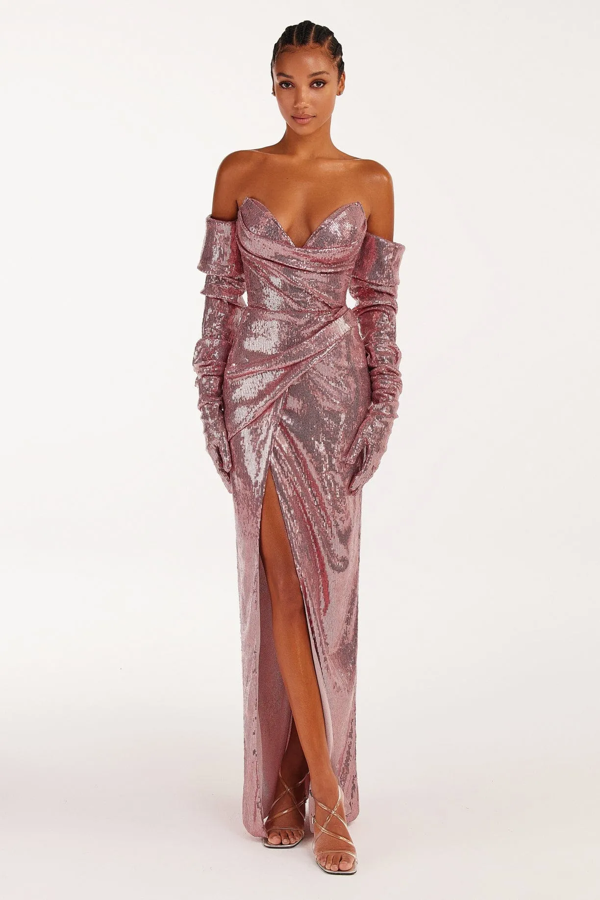 Sequined strapless evening gown in rose color with a thigh slit sold by Milla product image thumbnail 4