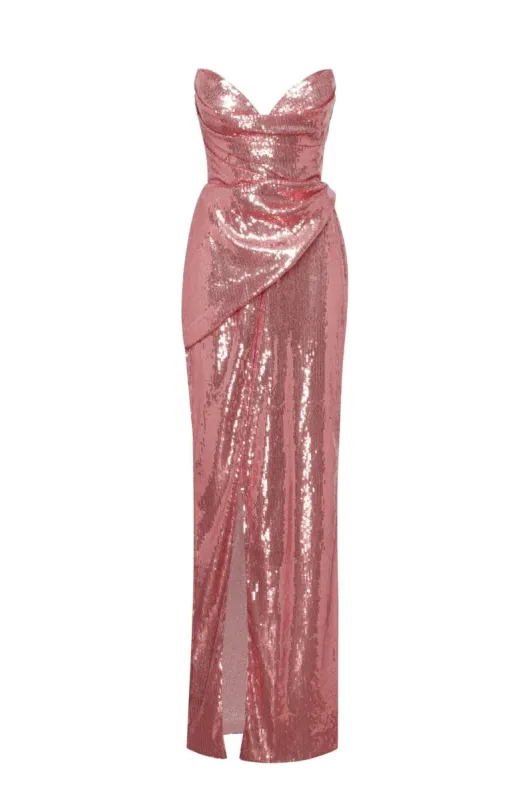 Sequined strapless evening gown in rose color with a thigh slit sold by Milla