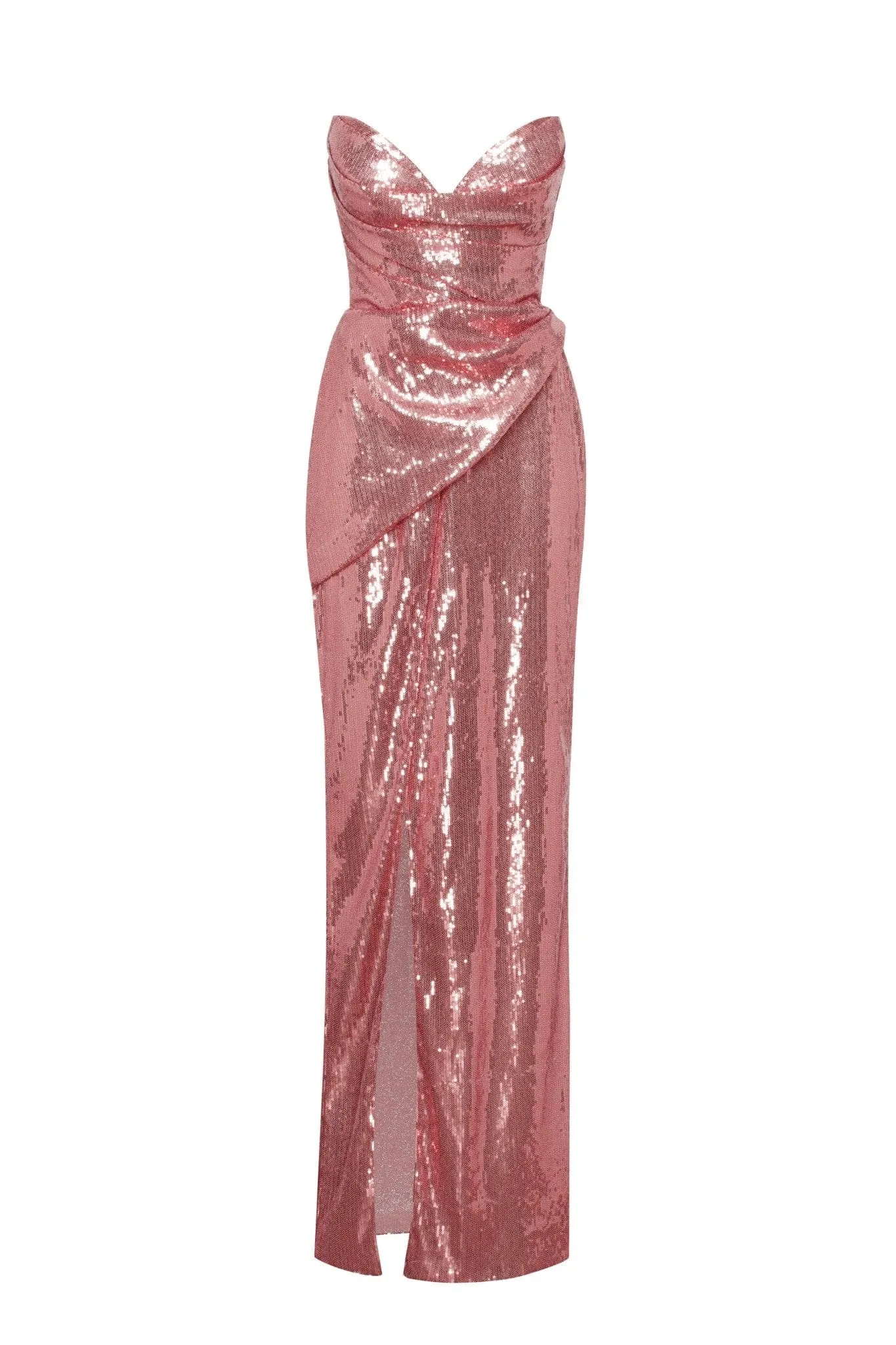Sequined strapless evening gown in rose color with a thigh slit sold by Milla