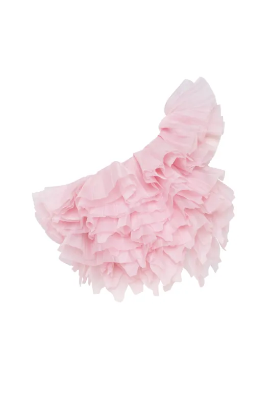 Flirty ruffled one-shoulder organza pink top sold by Milla