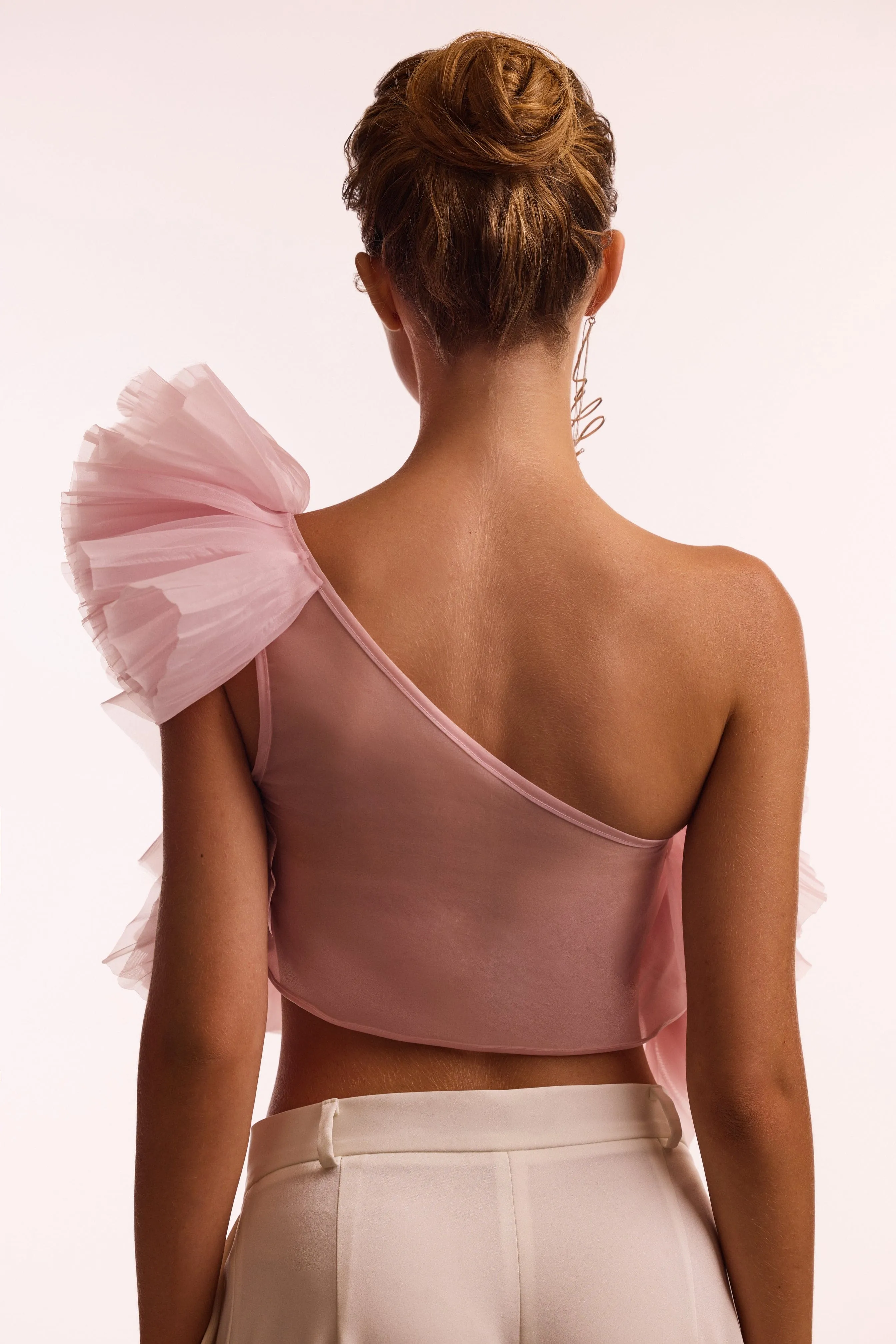 Flirty ruffled one-shoulder organza pink top sold by Milla product image thumbnail 4
