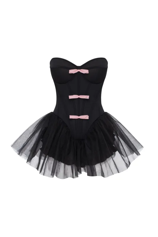 Tutu black mini dress with cute pink bows sold by Milla
