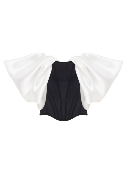 Sophisticated black fitted corset with white satin off-the-shoulder sleeves sold by Milla