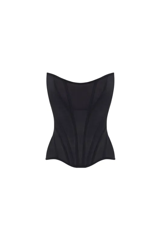 Chic low-waist black fitted corset sold by Milla