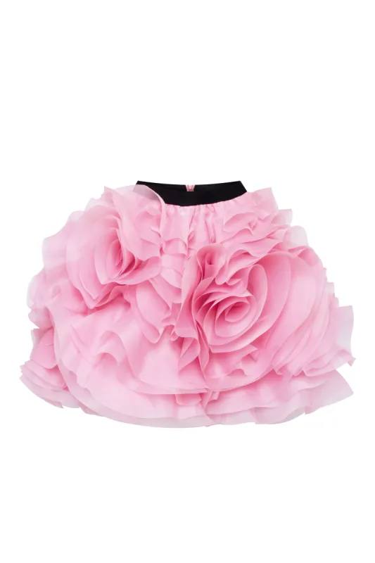 Danceable mini skirt with ruched flower appliques in pink sold by Milla
