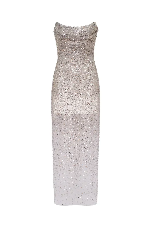 Entrance-worthy semi-sheer sequined silver maxi dress sold by Milla