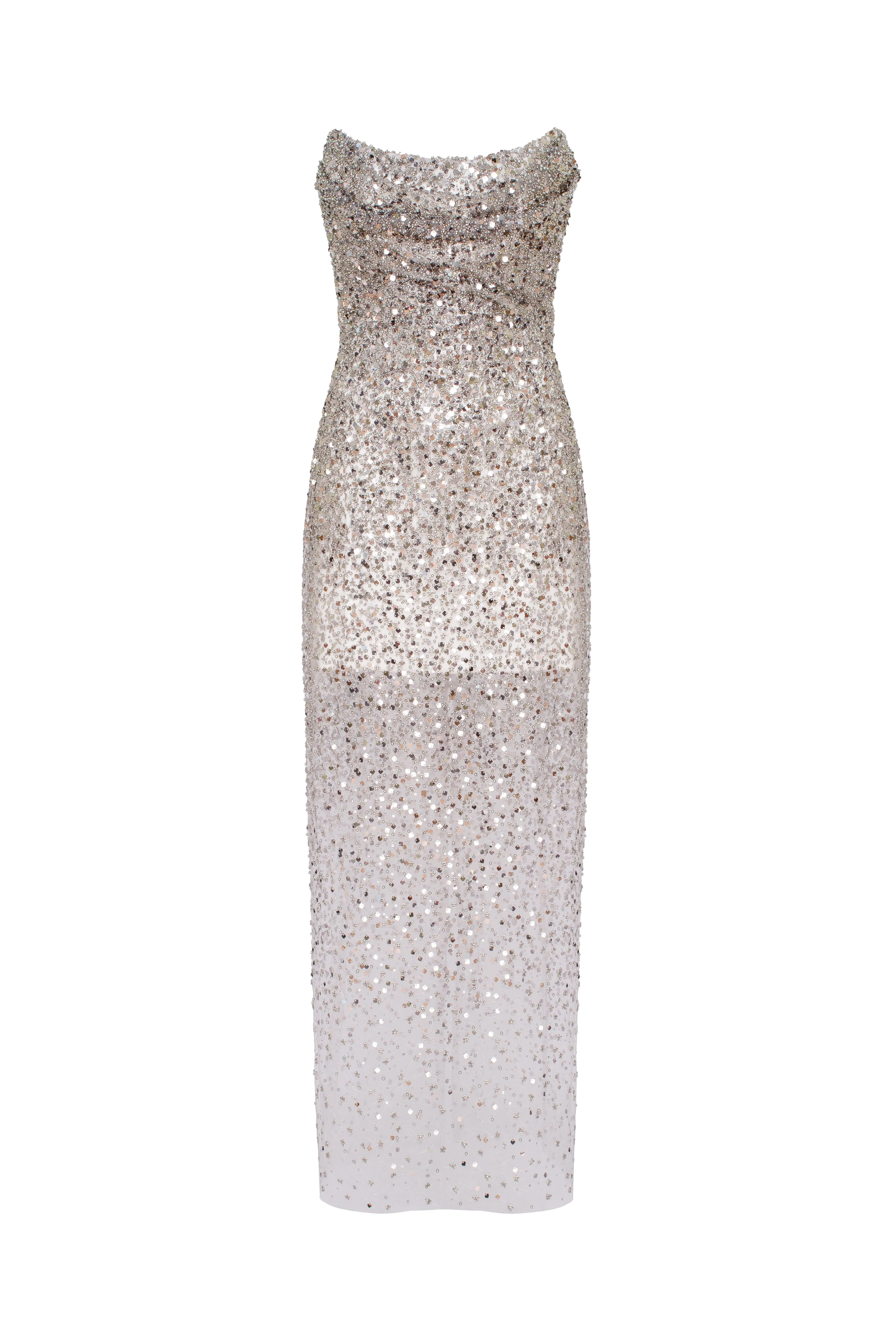 Entrance-worthy semi-sheer sequined silver maxi dress sold by Milla