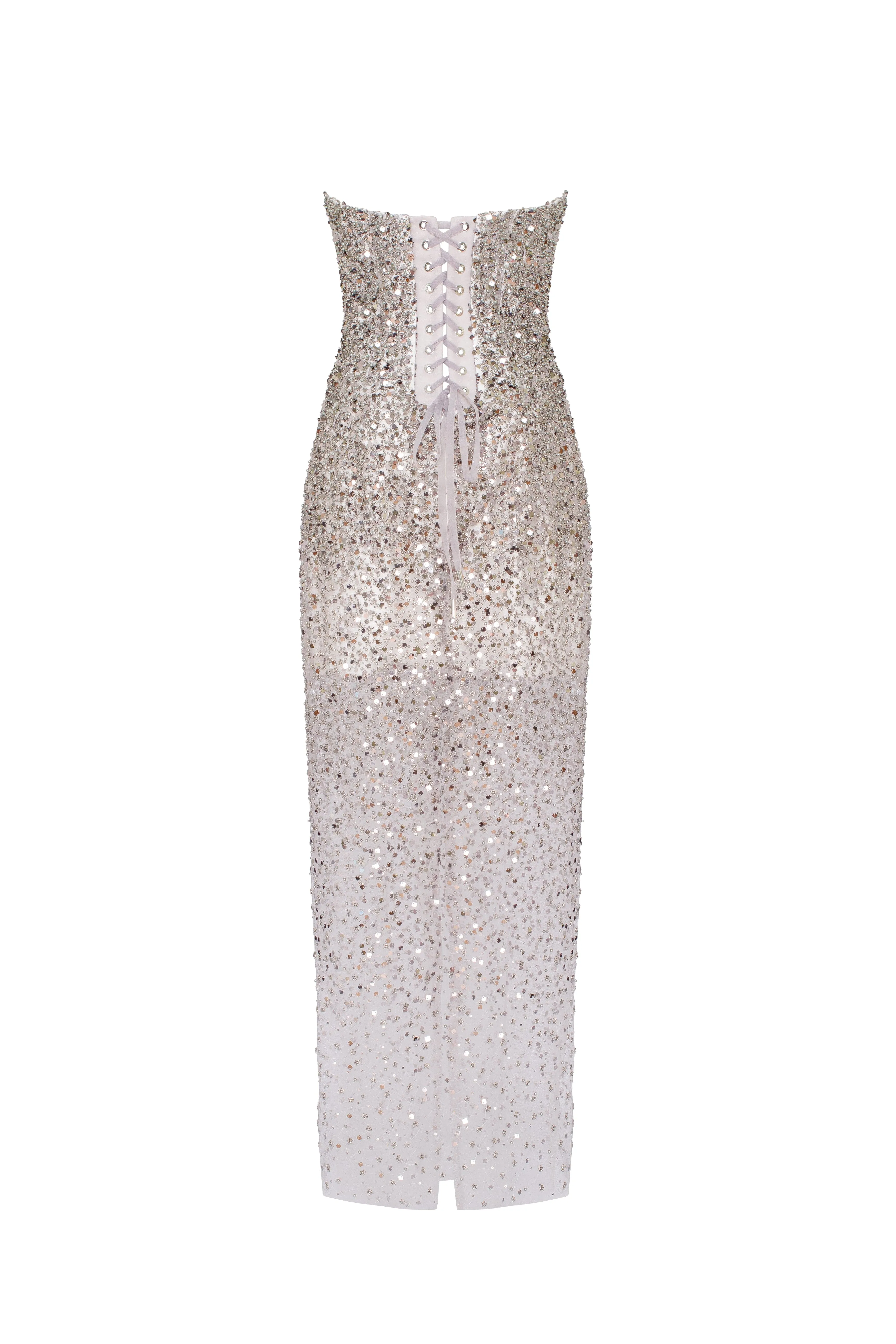Entrance-worthy semi-sheer sequined silver maxi dress sold by Milla product image thumbnail 3