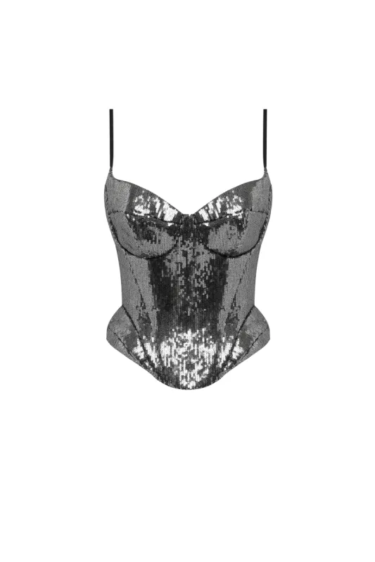 Sensational spaghetti straps sequined gray corset   sold by Milla
