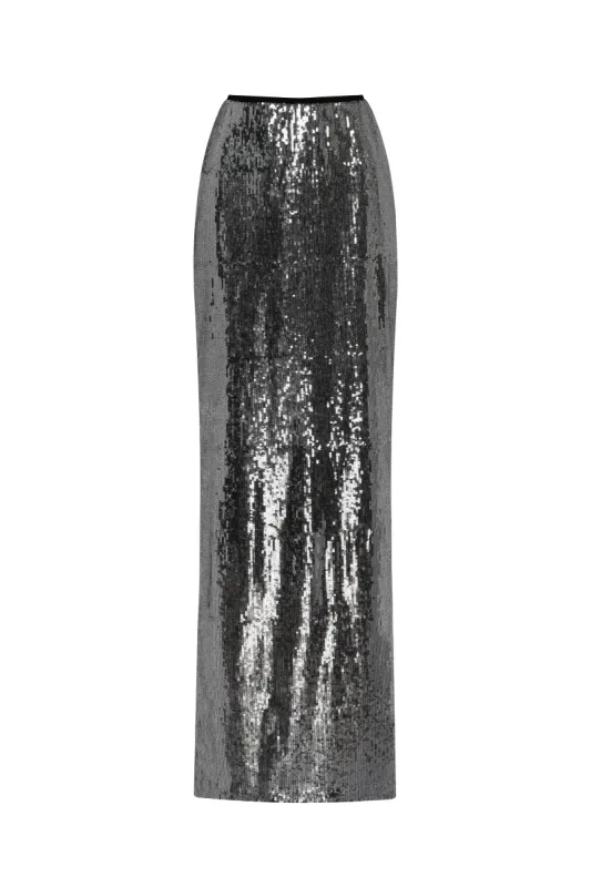Dramatic fitted sequined gray maxi skirt sold by Milla